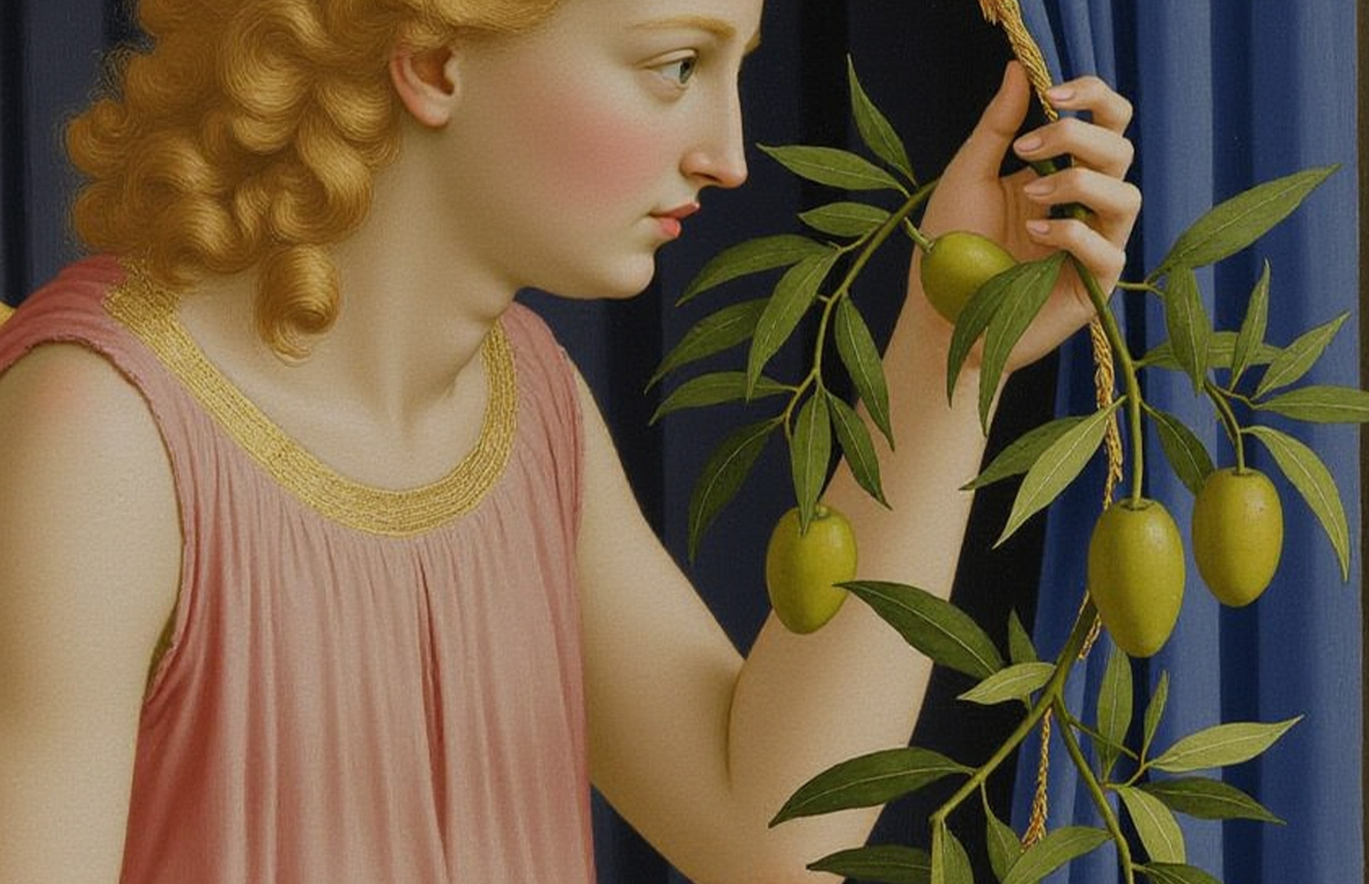 Figura clásica con cabello rizado dorado sosteniendo una rama de olivo con aceitunas verdes, sobre un fondo de cortinas azules.